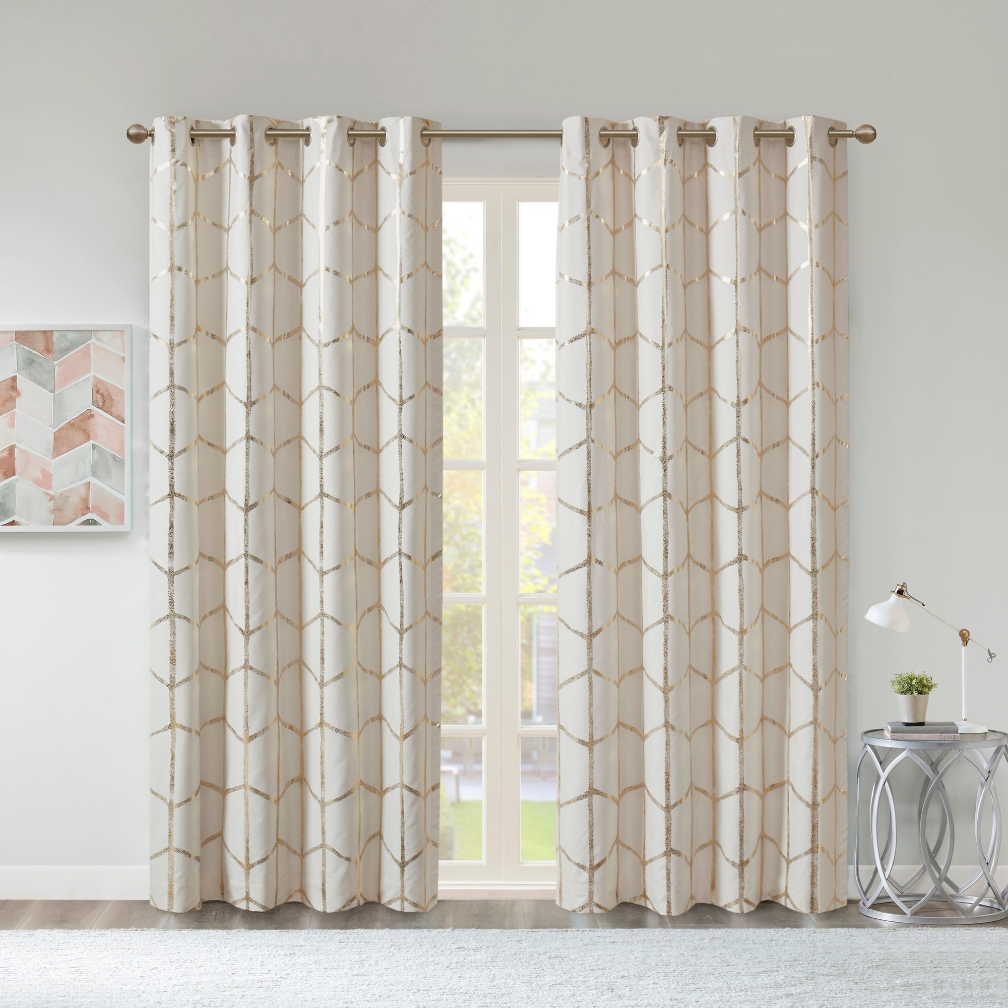 2 X Blockout Eyelet Curtains Scroll Blackout Gold Latte Beige 140cm x