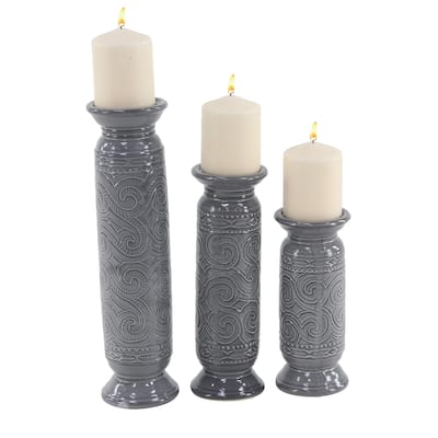 Grey Stoneware Eclectic Candle Holder Set of 3 15 x 4 x 4