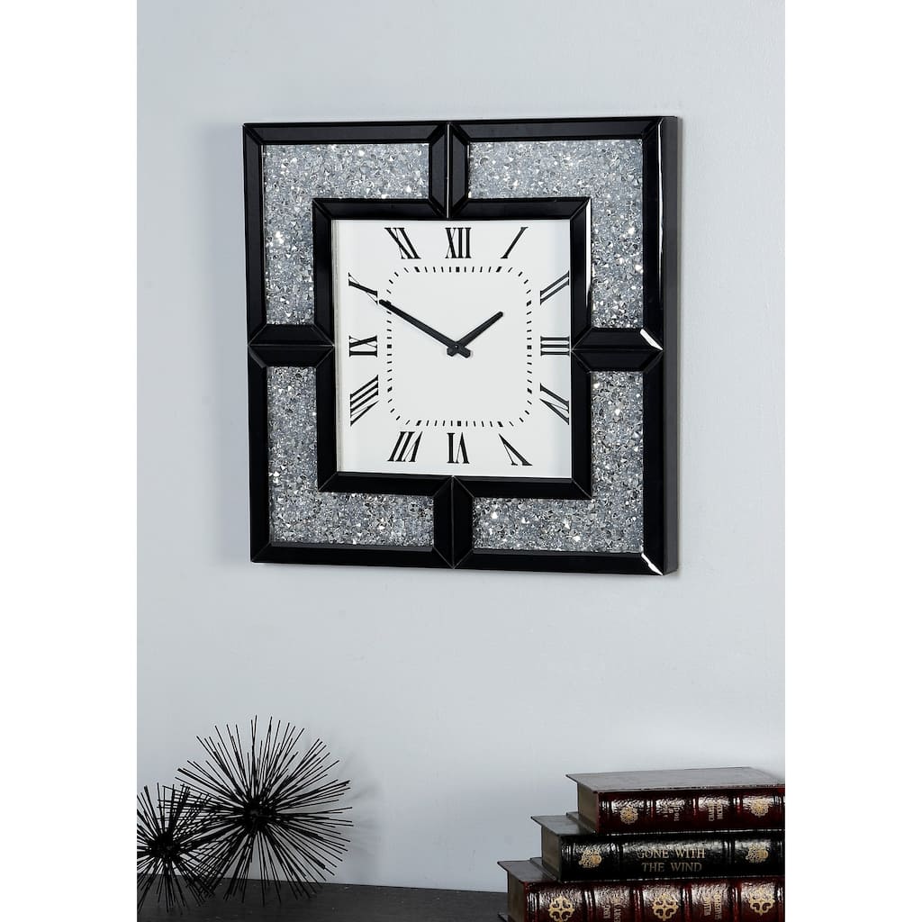 Black Glass Mirrored Decorative Wall Clock with Floating Crystals