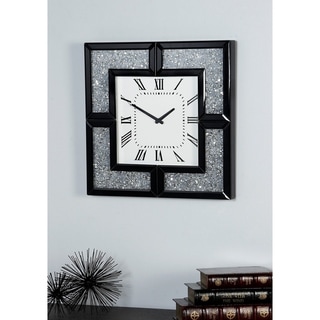 Black Glass Mirrored Decorative Wall Clock with Floating Crystals