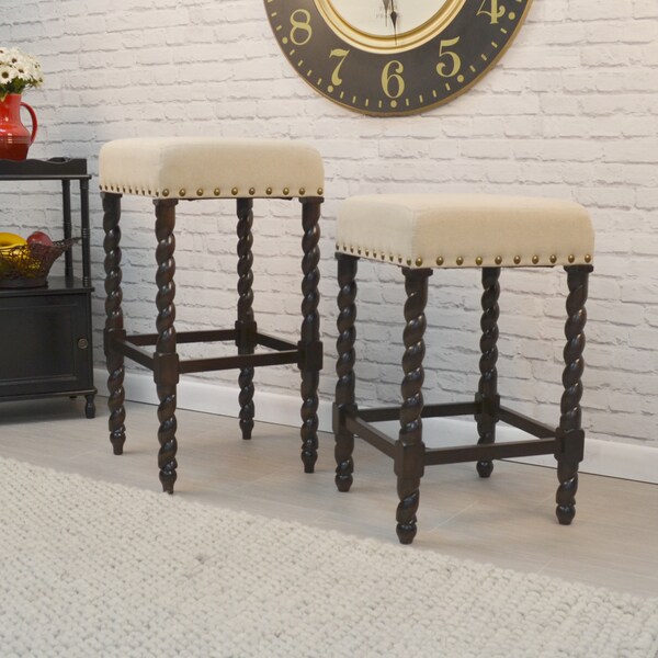 Gracewood Hollow Antoine Cream Linen and Espresso Wood Twisted Leg Bar Stool. Opens flyout.
