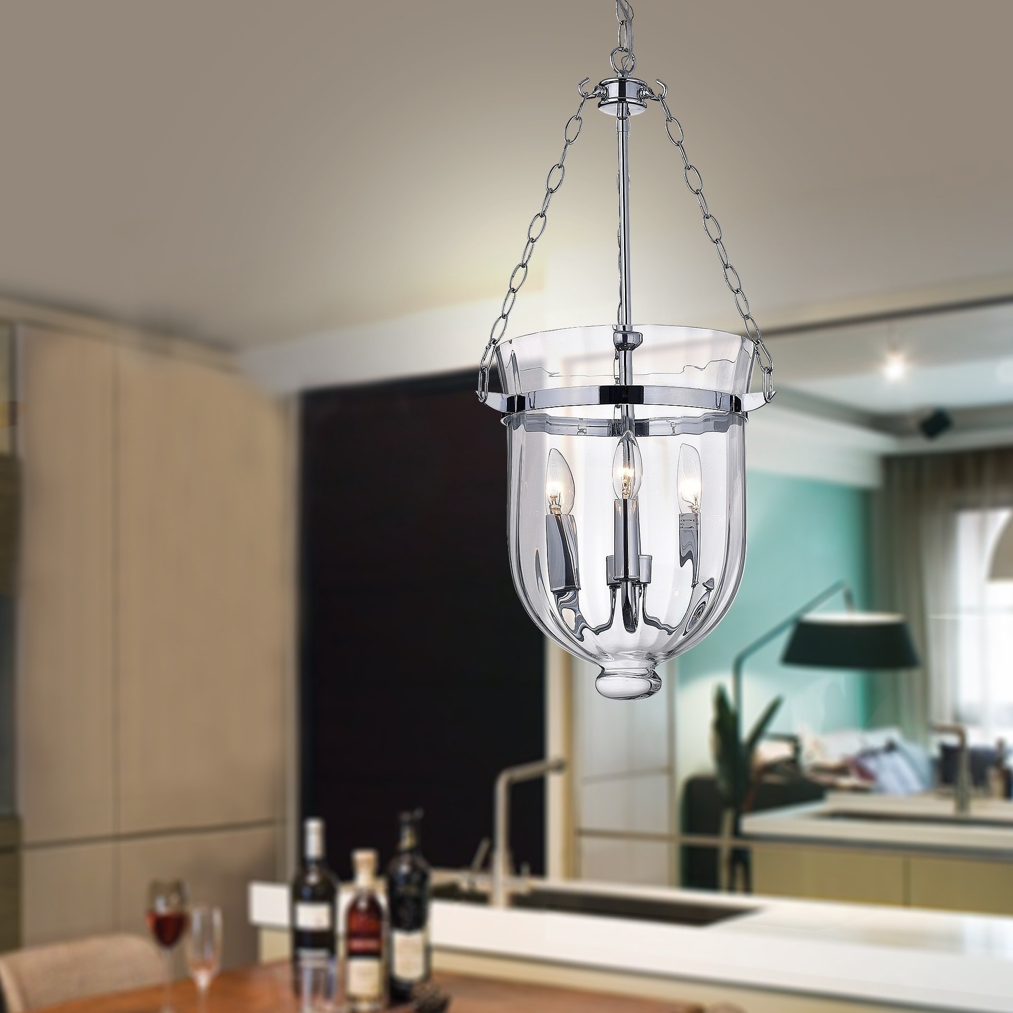 Chrome Finish Ribbed Glass Lantern Chandelier (Chrome Finish) - Chandeliers For Bedrooms by Overstock.com