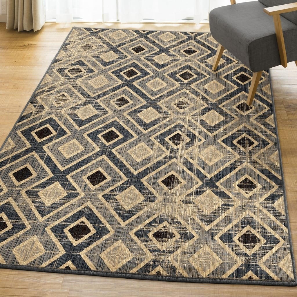 Geometric Distressed Trellis Navy Ivory Rug by Carolina Weavers (7'10 x 10'10) - 7'1" x 1'1"