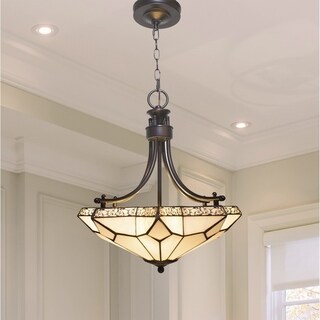 White Tier-Drop Stained Glass with Punched Metal Scallop Hanging Chandelier - 18"L x 18"W x 21.25"H - Chandeliers For Bedrooms by Overstock.com