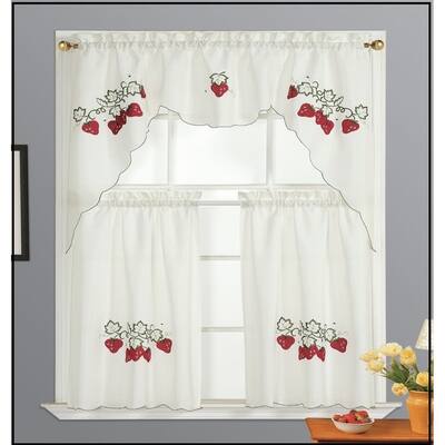 Dainty Home Strawberry Semi-Sheer Rod Pocket Kitchen Window Curtain Set of 3