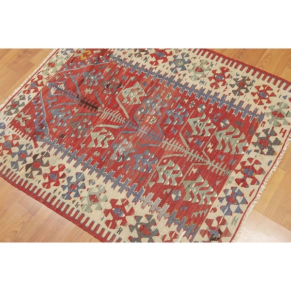 Shop Traditional Turkish Prayer Rug Kilim Area Rug Rust Aqua 4