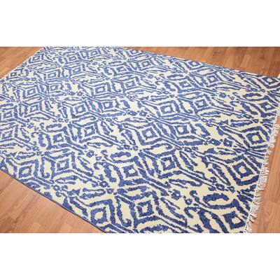 Ikat Design Chic Oriental Hand Knotted Area Rug - Ivory/Blue - 6' x 9'