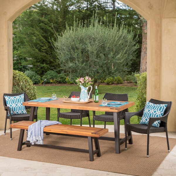 Fletcher Outdoor 6-piece Rectangle Acacia Wood Wicker Dining Set by Christopher Knight Home