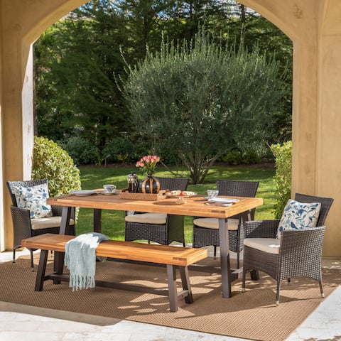 Linden Outdoor 6 Piece Rustic Iron and Acacia Wood Dining Set by Christopher Knight Home