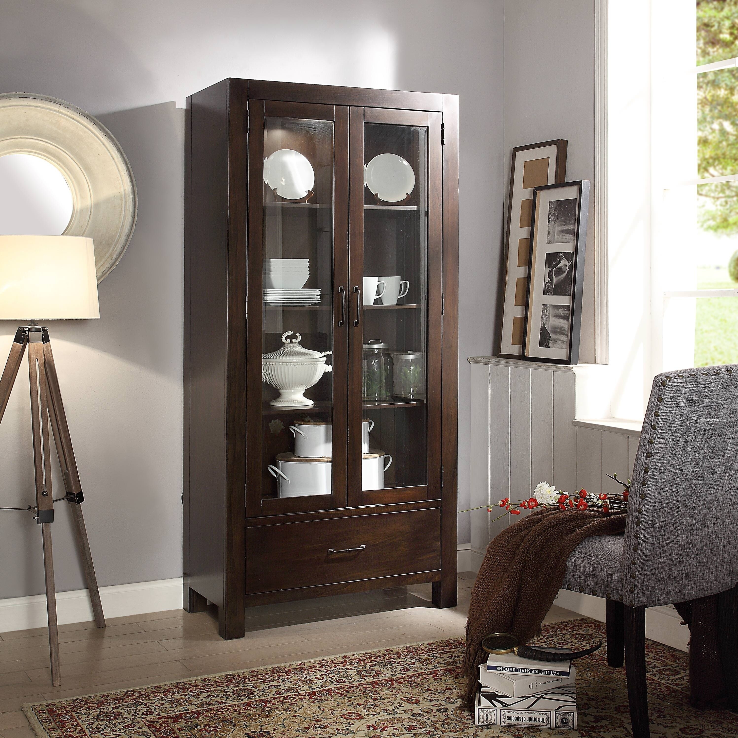 Shop Acme Hadrius Glass Curio Cabinet With 1 Drawer In Walnut