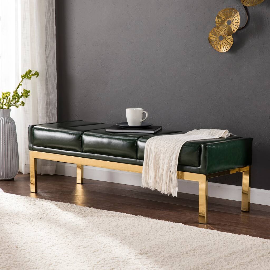 Silver Orchid Young Dark Green and Brass Upholstered Bench