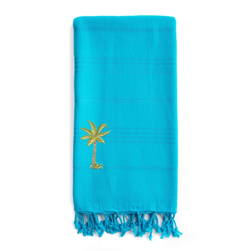 Authentic Pestemal Fouta Embroidered Palm Tree Turkish Cotton Bath/ Beach Towel - Turquoise Blue