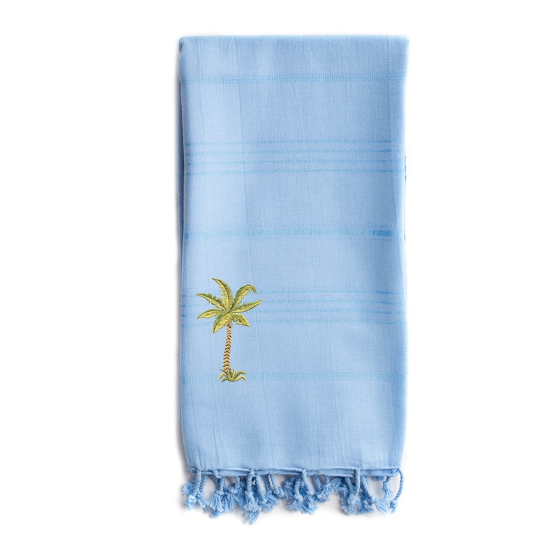 Authentic Pestemal Fouta Embroidered Palm Tree Turkish Cotton Bath/ Beach Towel - Sky Blue