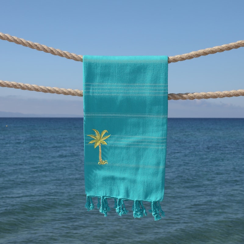 Authentic Pestemal Fouta Embroidered Palm Tree Turkish Cotton Bath/ Beach Towel - Aqua