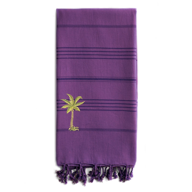 Authentic Pestemal Fouta Embroidered Palm Tree Turkish Cotton Bath/ Beach Towel - Purple