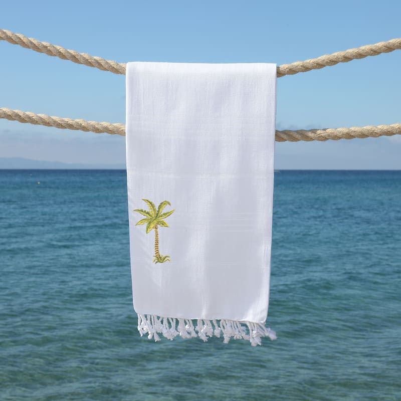 Authentic Pestemal Fouta Embroidered Palm Tree Turkish Cotton Bath/ Beach Towel - White