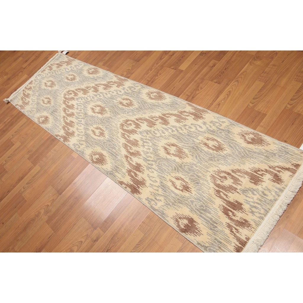 Boho Ikat Design Runner Hand Knotted Area Rug (2'4"x8') - 2'4" x 8'