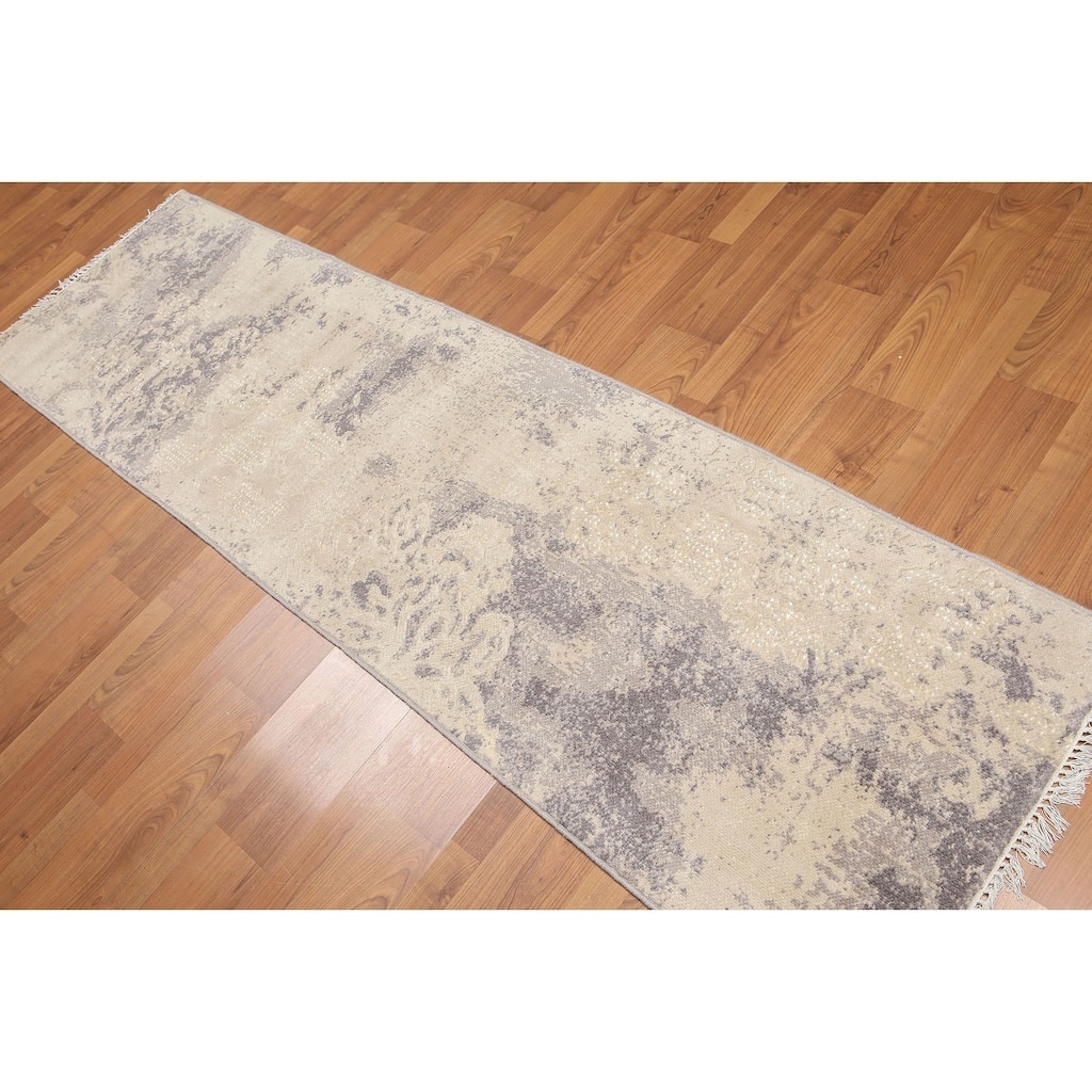 Contemporary Industrial Style Runner Hand Knotted Area Rug - Ivory/Grey - 2'4" x 8' - 2'4" x 8'