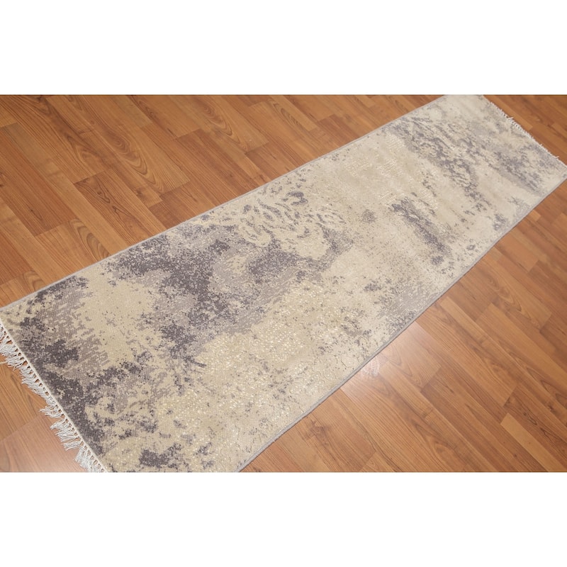 Contemporary Industrial Style Runner Hand Knotted Area Rug - Ivory/Grey - 2'4" x 8' - 2'4" x 8'