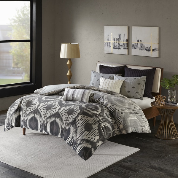 INK+IVY Orissa Grey Reversible Cotton 3-piece Duvet Cover Set