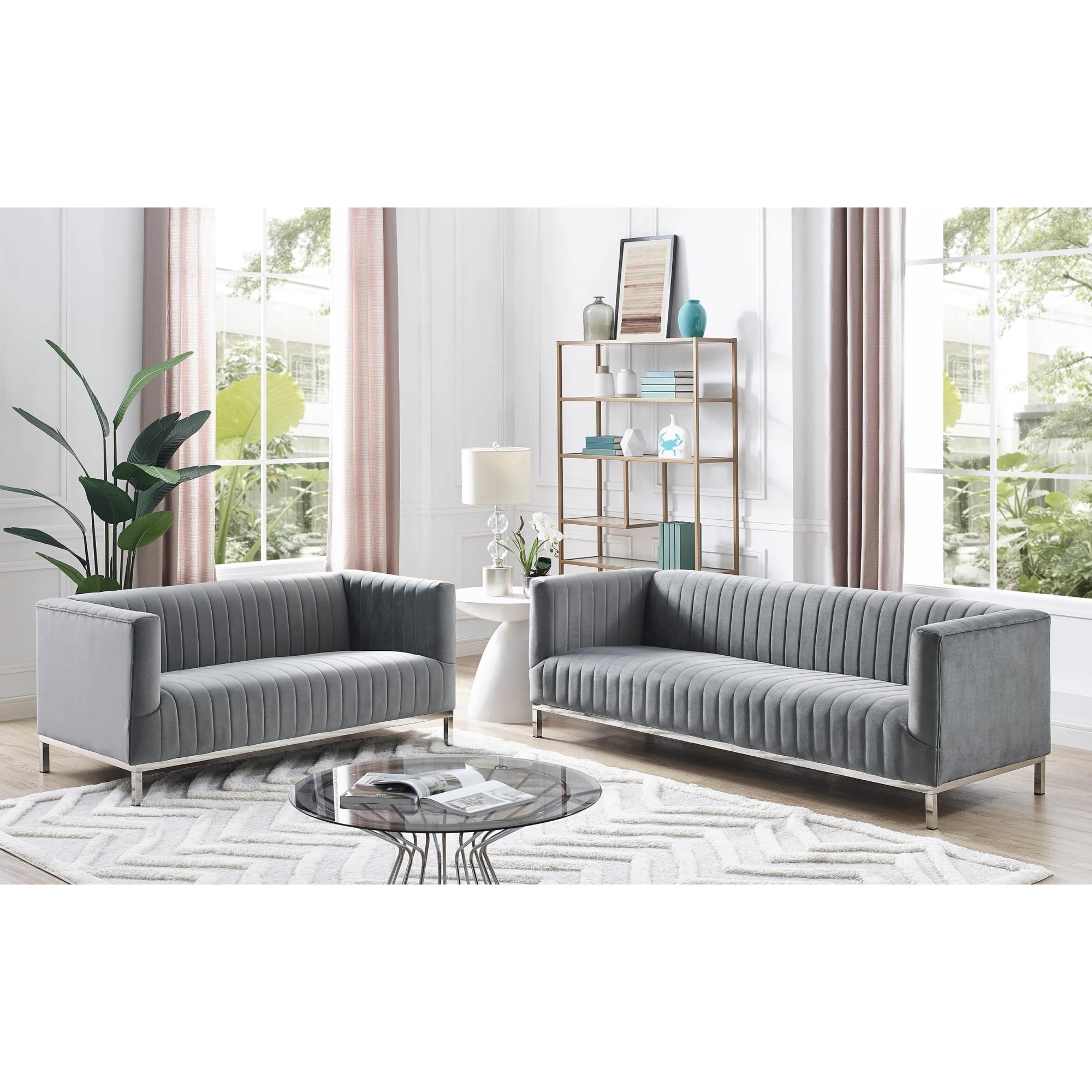 Inspired Home Ethan Velvet Tuxedo Sofa with Stainless Steel Legs (navy-chrome)