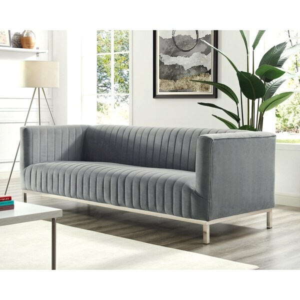 Inspired Home Ethan Velvet Tuxedo Sofa With Stainless Steel Inspired Home Ethan Velvet Tuxedo Sofa With Stainless Steel Legs