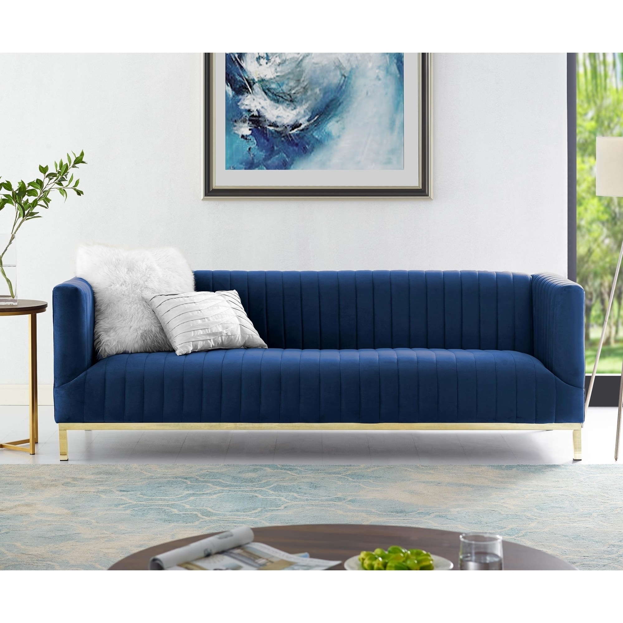 Inspired Home Ethan Velvet Tuxedo Sofa with Stainless Steel Legs (navy-chrome)