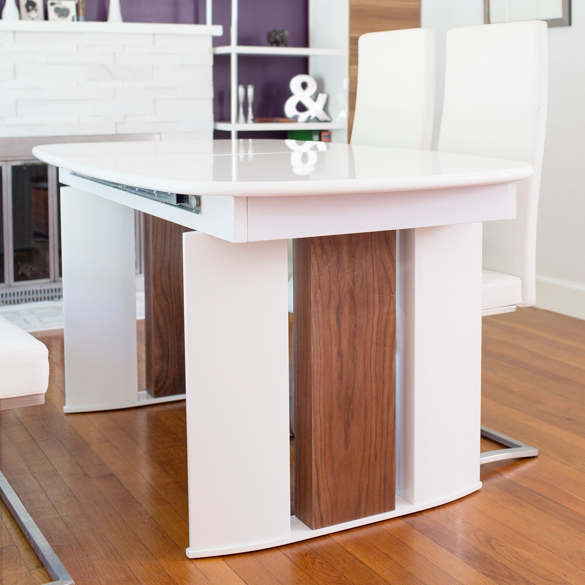 Mix White High Gloss Solid Walnut Wood Hide Away Leaf Extension Dining Table