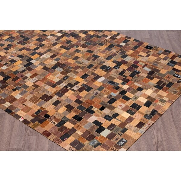 Handmade Upcycled Jean Label Leather Patchwork Rug - 7'6 x 9'6