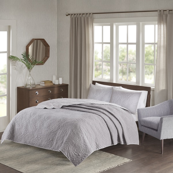 Madison Park Cambay Grey Embroidered Reversible Quilted 3-piece Coverlet Set
