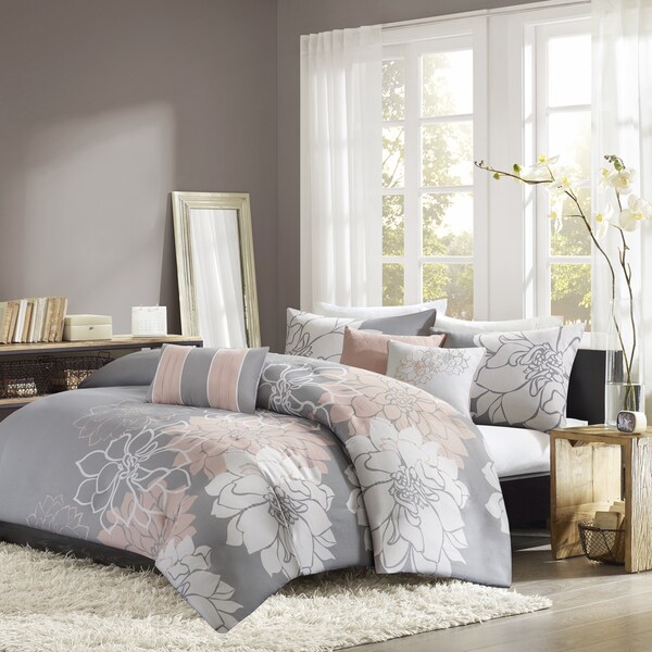 Madison Park Brianna Grey/ Blush Cotton Sateen Printed 6-piece Duvet Cover Set