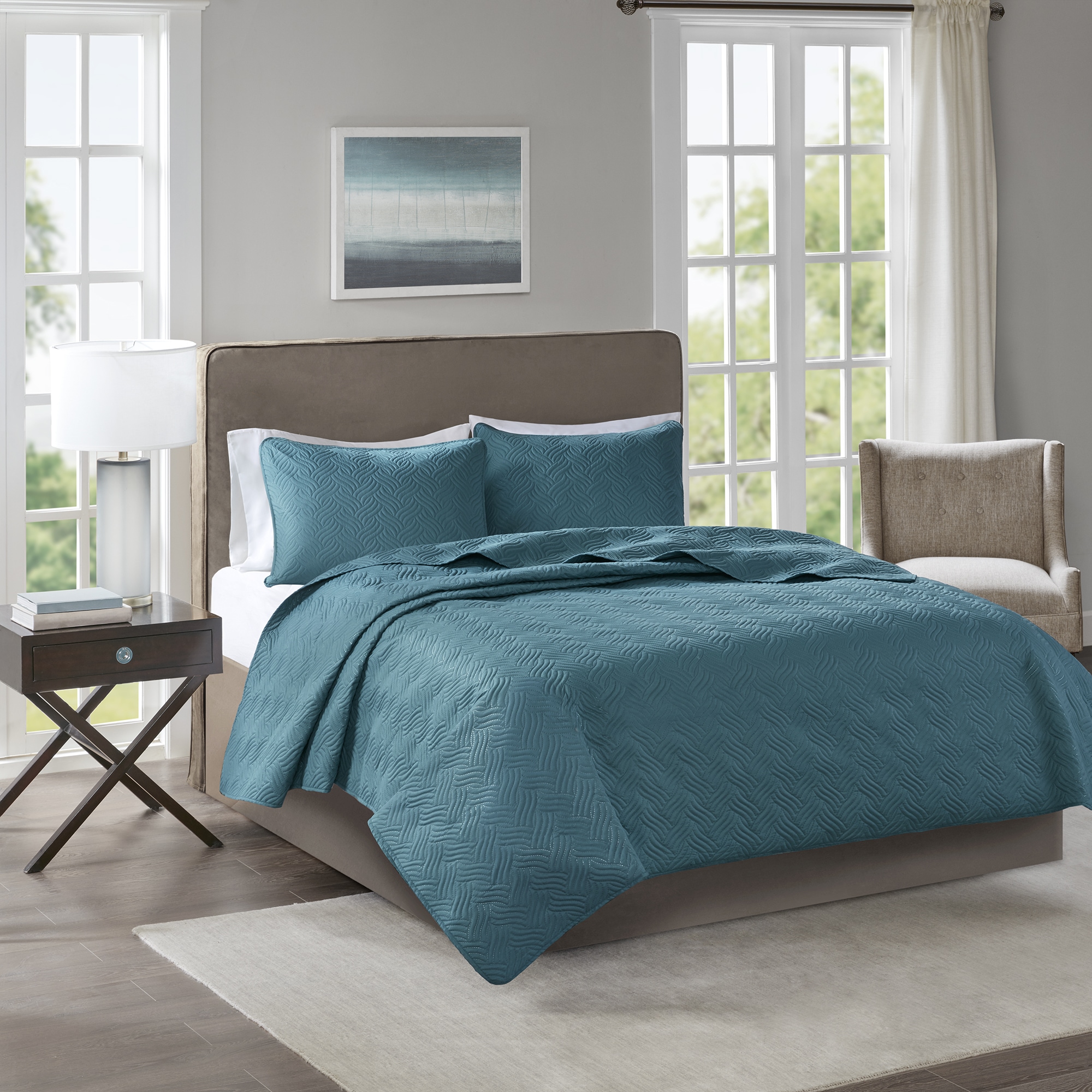 Queen King Solid Teal Blue Embossed Oversized 3 Pc Quilt Set