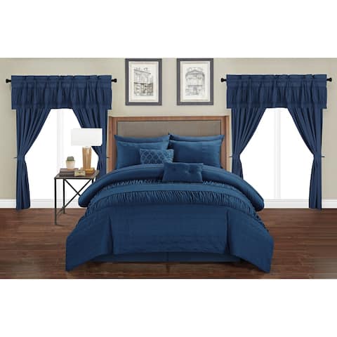Chic Home Tinos Navy Ruched Ruffled 20-Piece Bed in a Bag Set