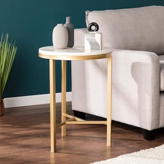 SEI Furniture Garzeaux Mid Century Modern Ivory Marble Gold Side Table