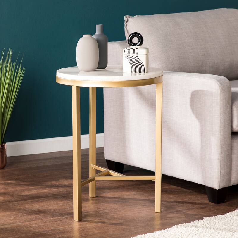 SEI Furniture Garzeaux Mid Century Modern Ivory Marble Gold Side Table