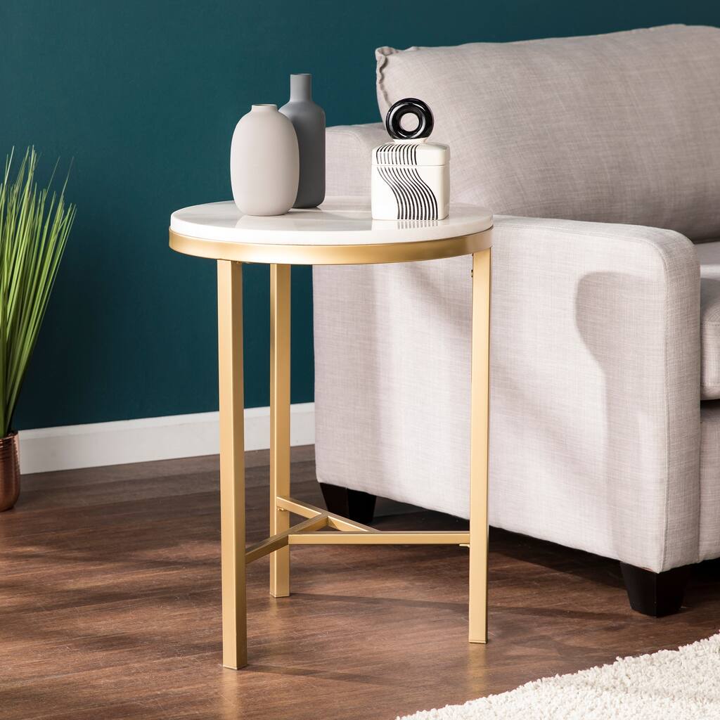 SEI Furniture Garzeaux Mid Century Modern Ivory Marble Gold Side Table