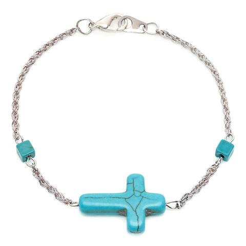 Silvertone Created Turquoise Sideways Cross Bracelet