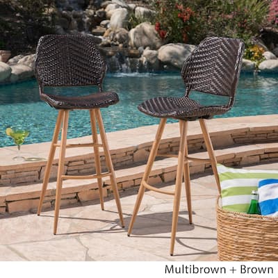 Laryn Outdoor Wicker Wood Barstool (Set of 2) by Christopher Knight Home