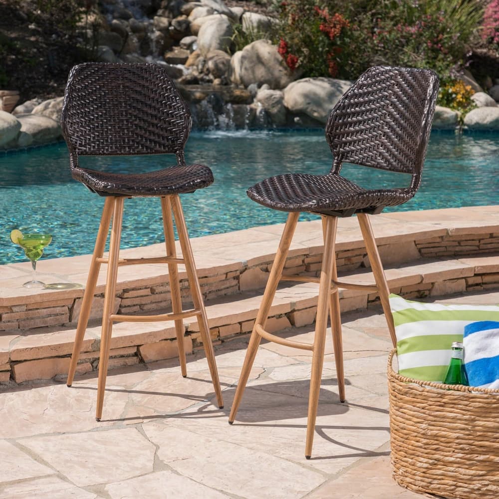Laryn Outdoor Wicker Wood Barstool (Set of 2) by Christopher Knight Home