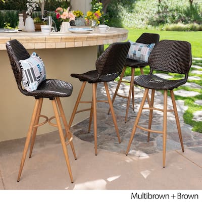 Laryn Outdoor Wicker Wood Barstool (Set of 4) by Christopher Knight Home