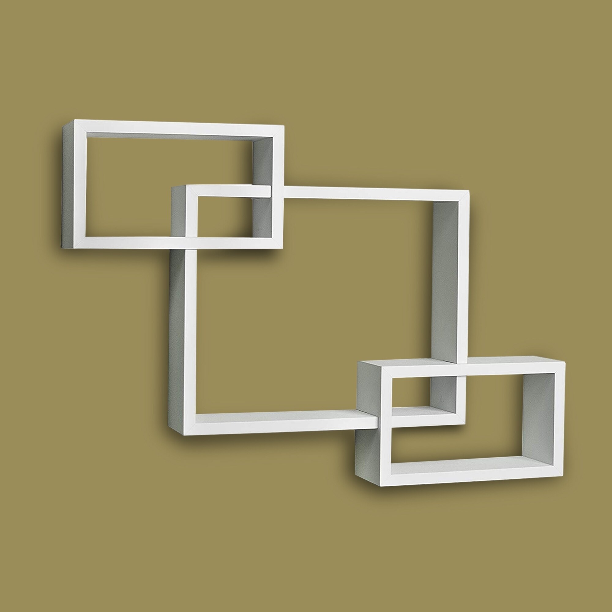 White intersecting wall shelf against a solid background.