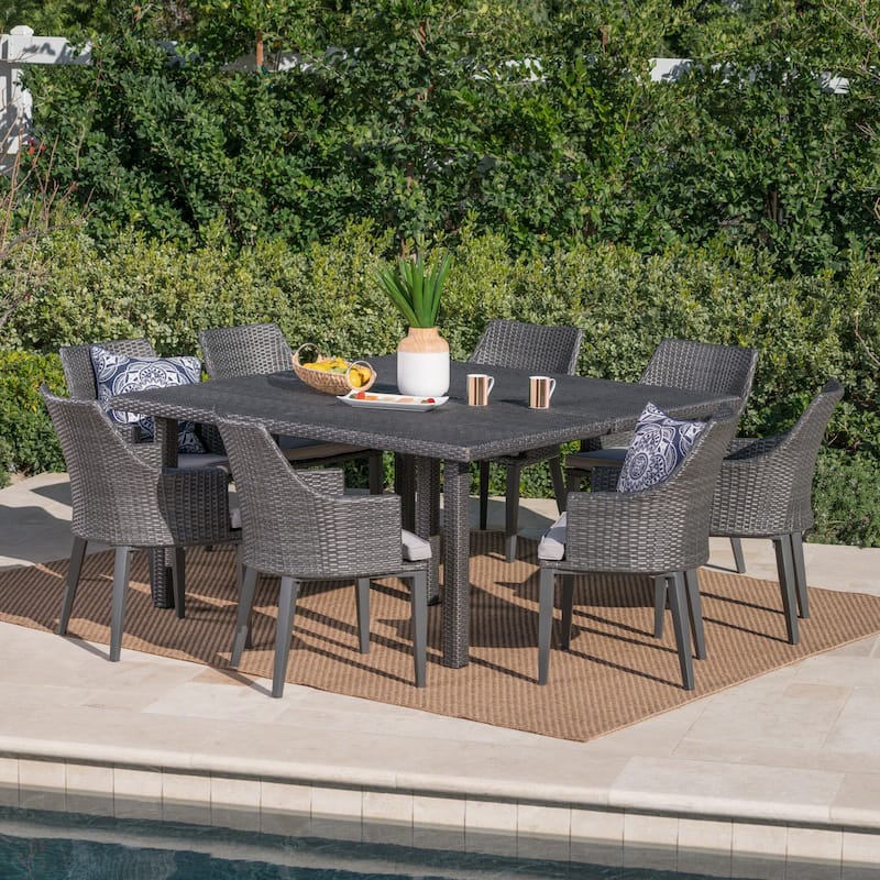 Arnell Outdoor 9-piece Square Wicker Dining Set with Cushions by Christopher Knight Home - Grey