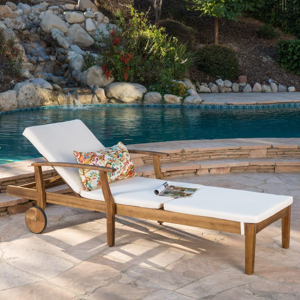 slide 2 of 19, Perla Outdoor Acacia Wood Chaise Lounge with Cushion by Christopher Knight Home