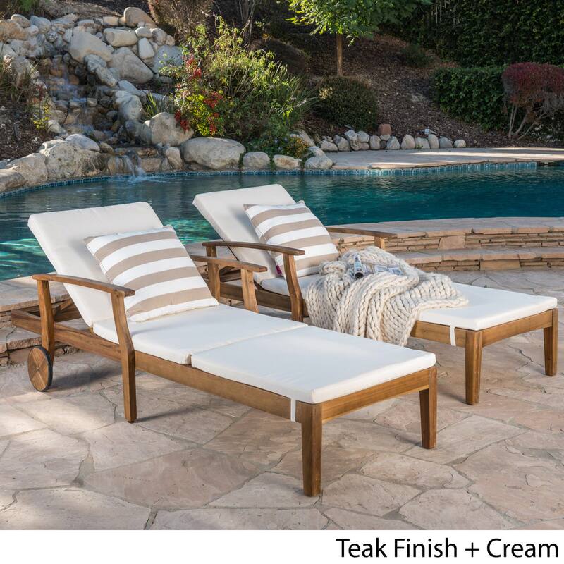 Perla Acacia Wood Chaise Lounge (Set of 2) by Christopher Knight Home - Teak + Cream