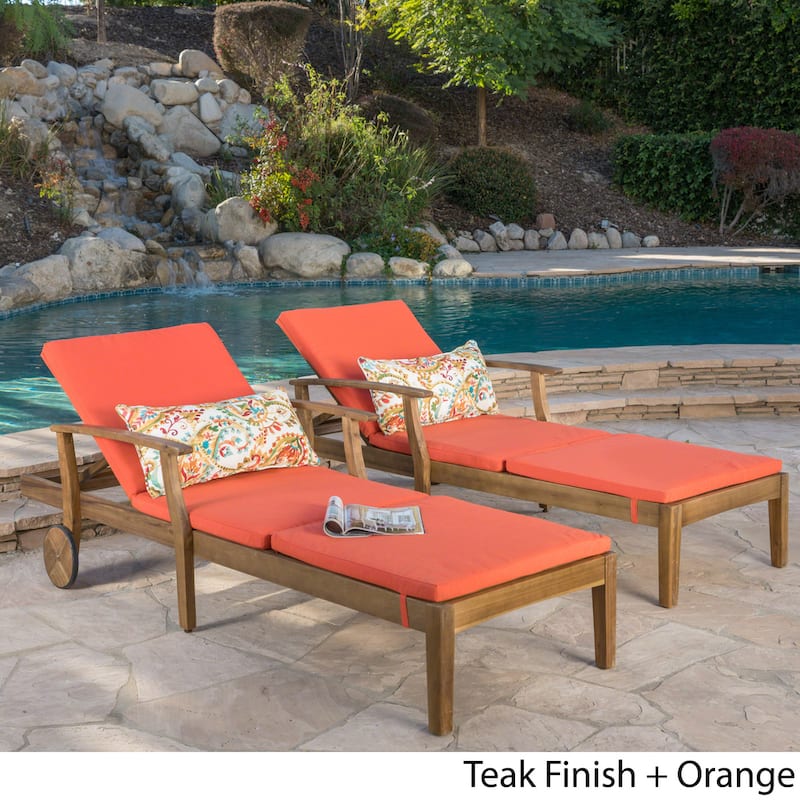 Perla Acacia Wood Chaise Lounge (Set of 2) by Christopher Knight Home - Teak + Orange