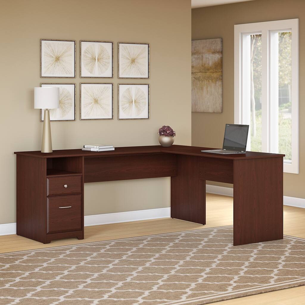 72W L-shaped Computer Desk with Drawers in Harvest Cherry