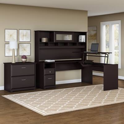 L-shaped Sit to Stand Desk with Hutch and File Cabinet in Oak