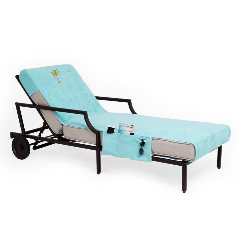 Authentic Turkish Cotton Embroidered Palm Tree Aqua Towel Cover with Pocket for Standard Chaise Lounge Chair