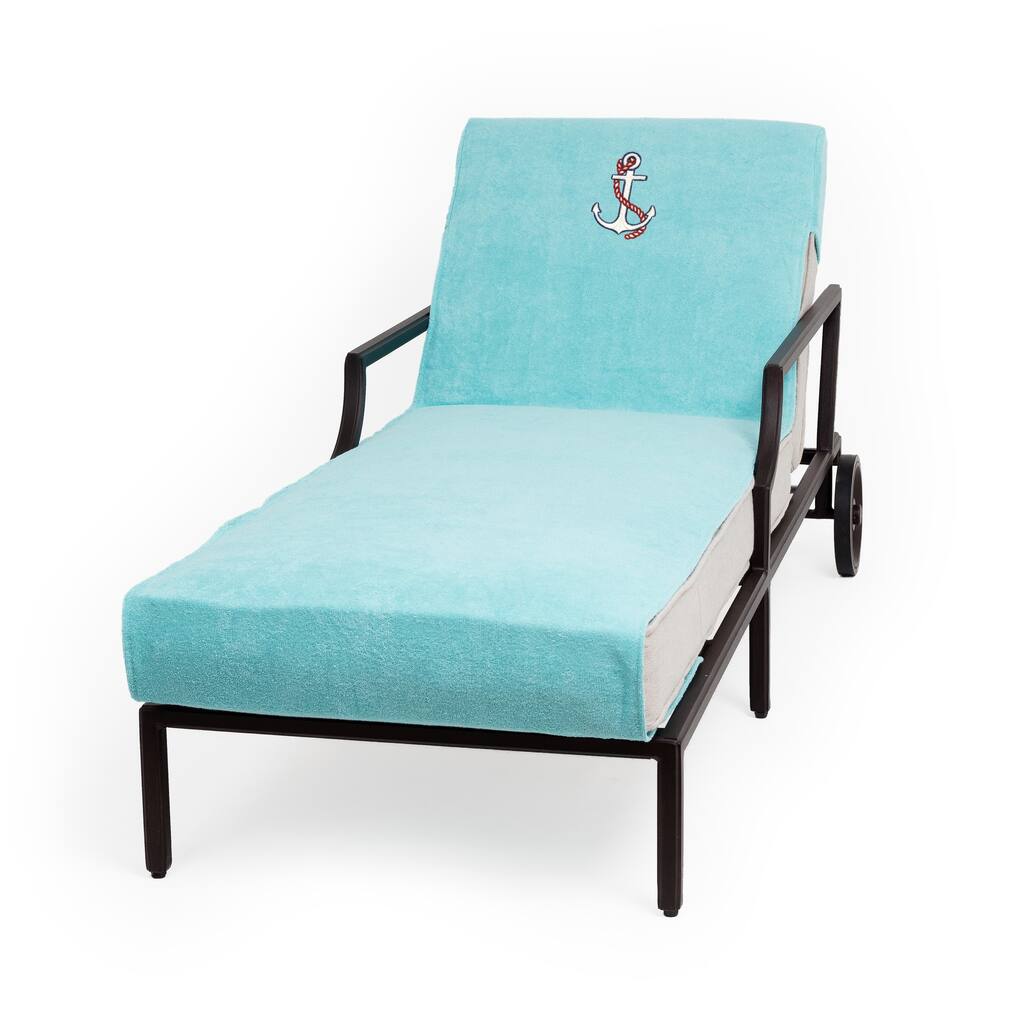 Authentic Turkish Cotton Embroidered Anchor Aqua Towel Cover for Standard Chaise Lounge Chair