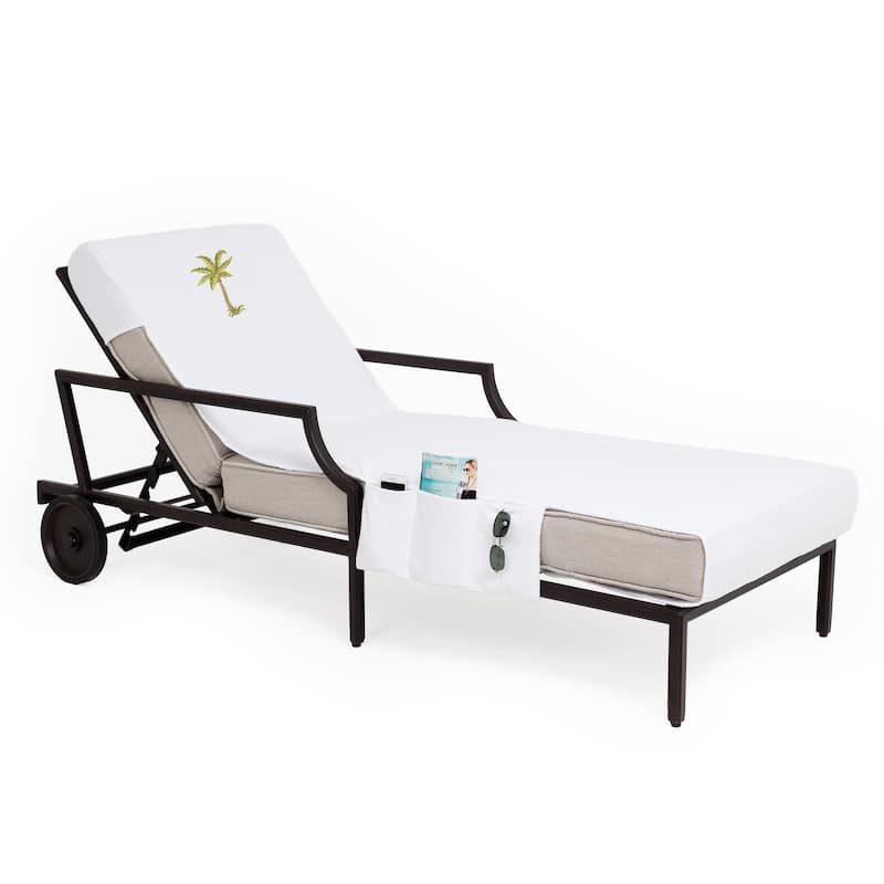 Authentic Turkish Cotton Embroidered Palm Tree White Towel Cover with Pocket for Standard Chaise Lounge Chair